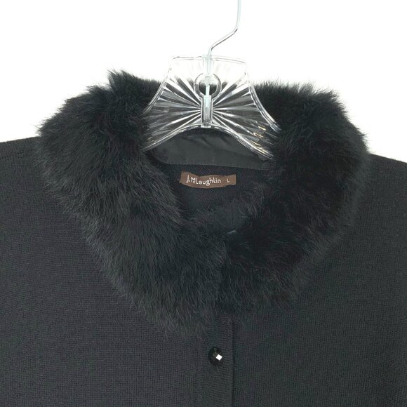 J. Mclaughlin Wool Button Up Rabbit Fur Collar Cardigan Sweater Black Size L - Picture 12 of 16